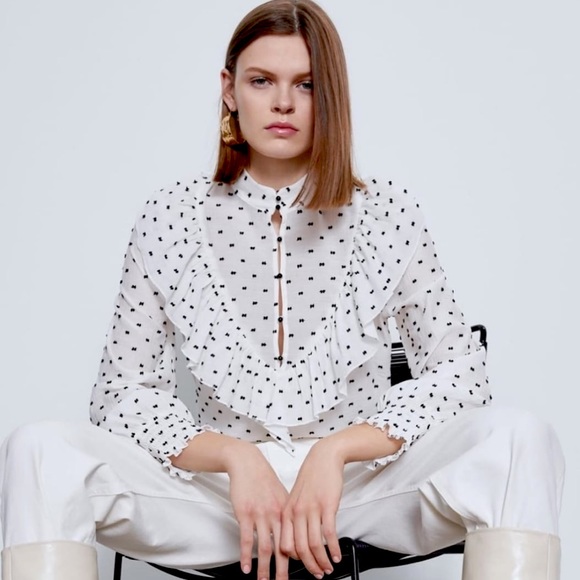 Zara Swiss Dot Ruffled Blouse Sz. Medium *BLOGGER FAVOURITE* - Picture 5 of 9